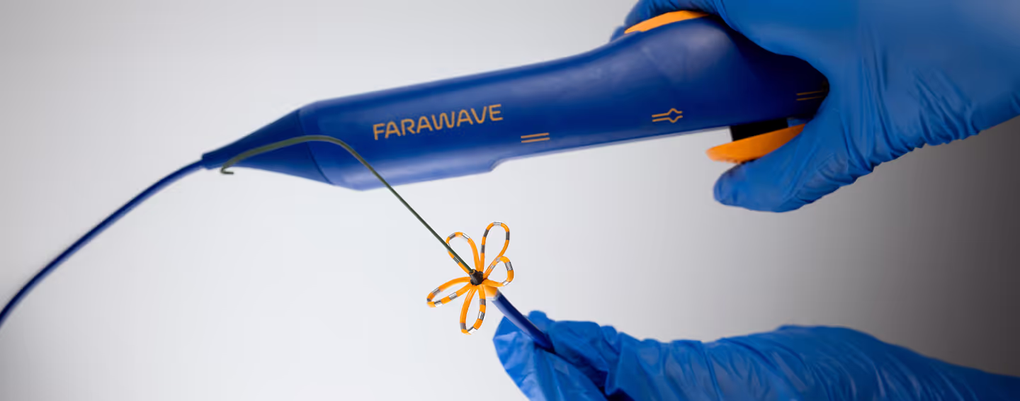 Imagem de um cateter FARAWAVE™ do sistema FARAPULSE™ da Boston Scientific, segurado por uma mão com luva azul. O dispositivo apresenta um design inovador, com uma ponta expansível em formato de flor, utilizada para a ablação por campo pulsado no tratamento da fibrilação atrial.